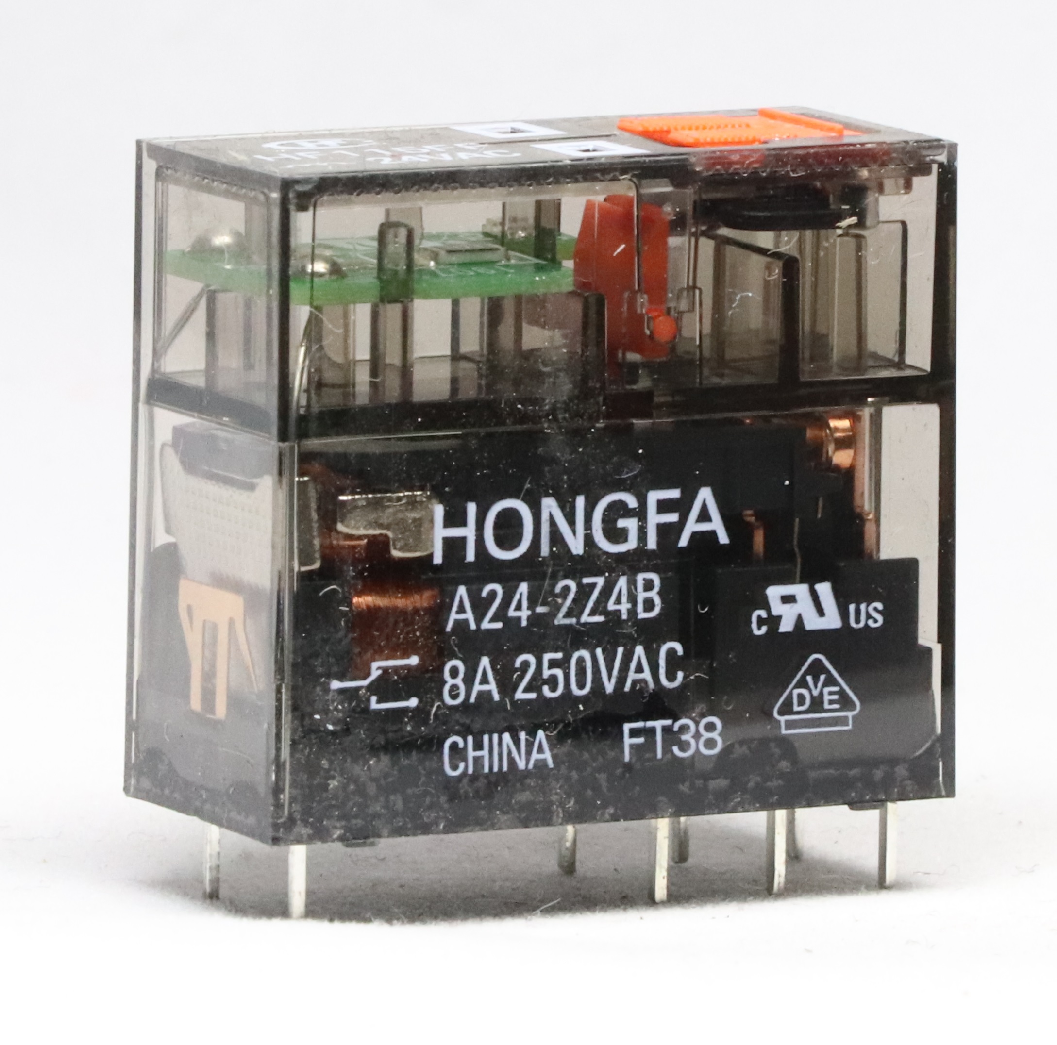 رله هنگفا 24 ولت AC دو کنتاکت 8پین 8آمپر با کلید دستی مدل HONGFA HF115FP/A24-2Z4B