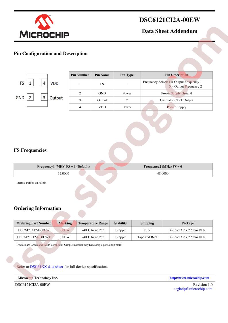 DSC6121CI2A-00EW Datasheet Addendum