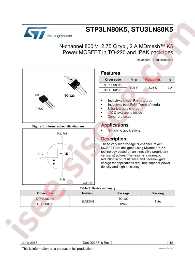 STP3LN80K5, STU3LN80K5 Datasheet