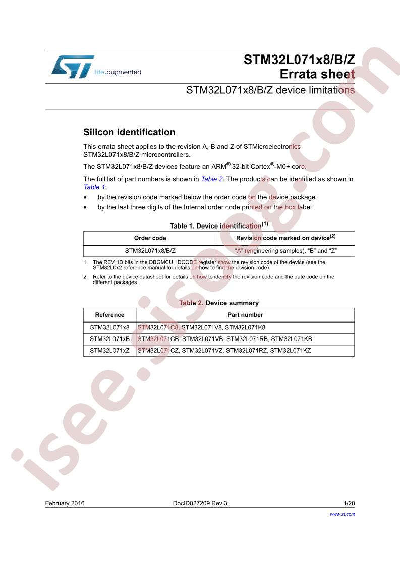 STM32L071x8,xB,xZ Errata