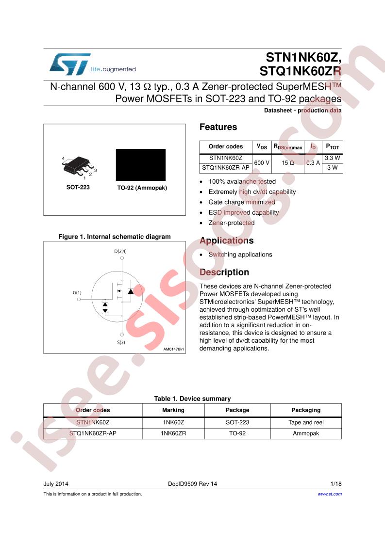 STN1NK60Z, STQ1NK60ZR Datasheet