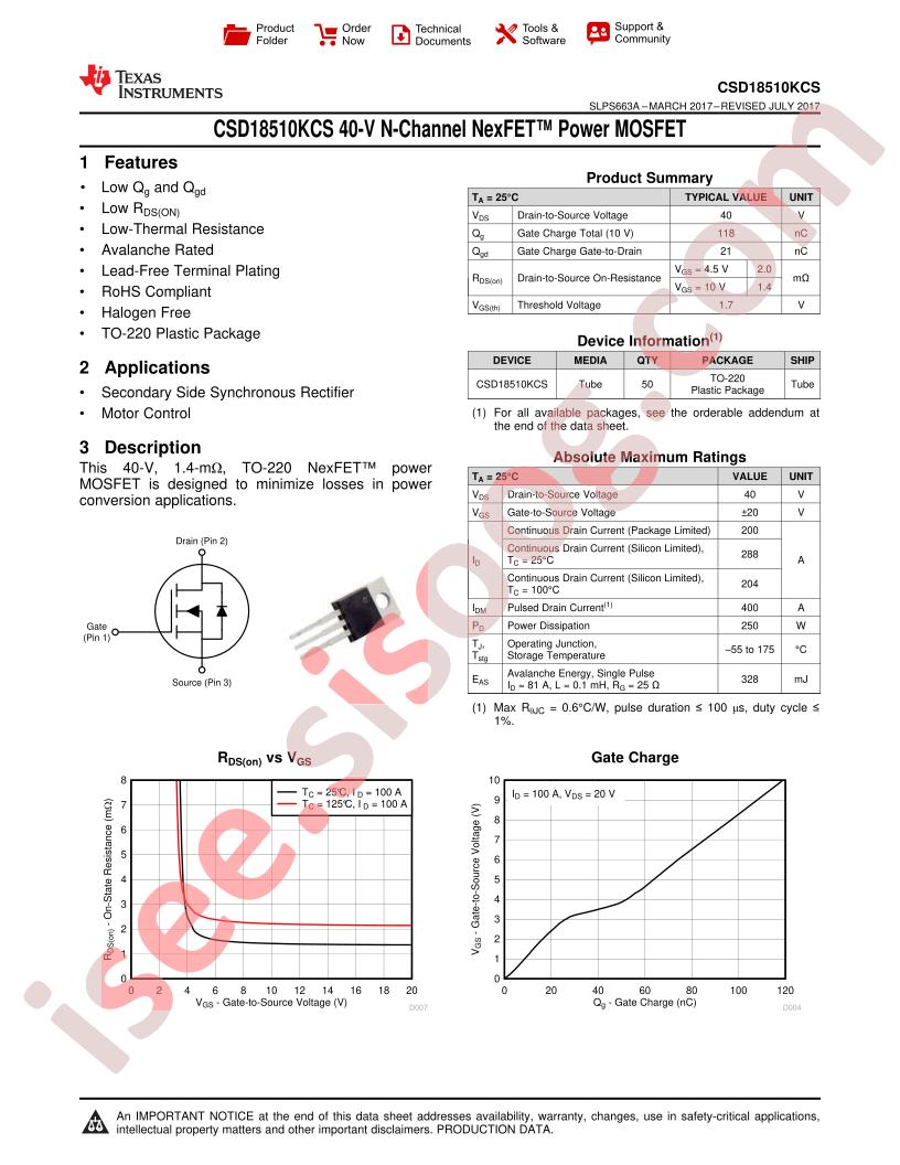 CSD18510KCS Datasheet