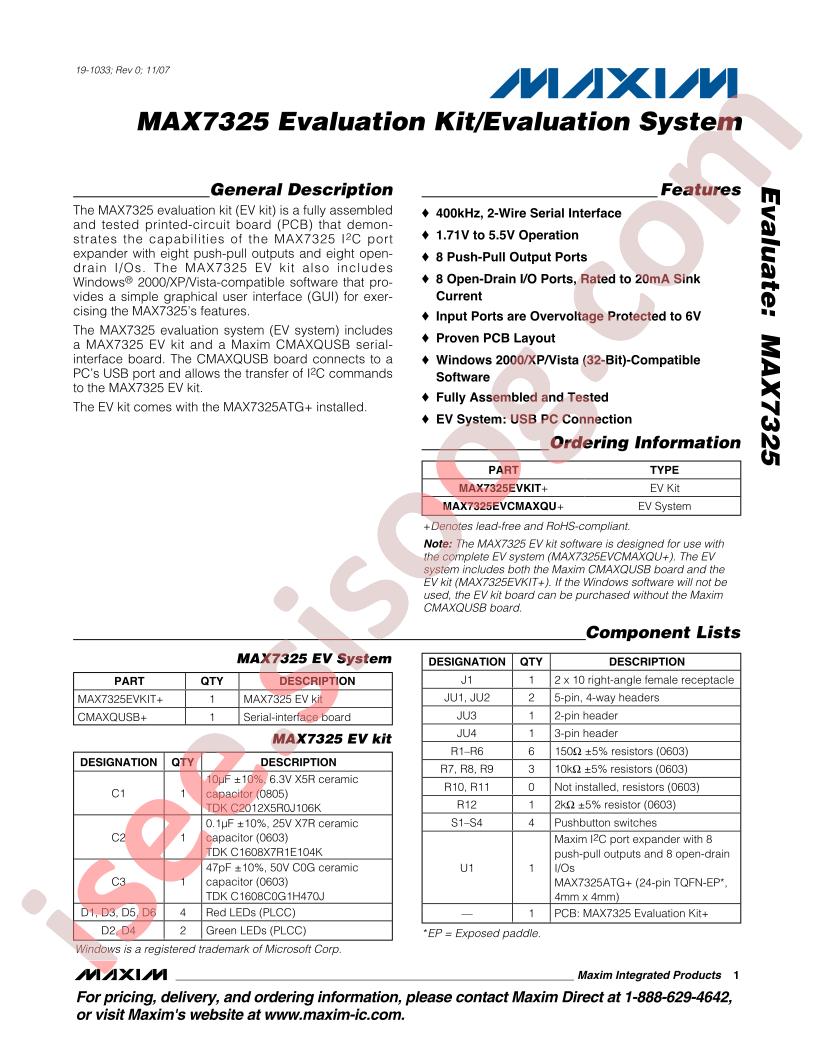 MAX7325 Eval Kit/ Eval System