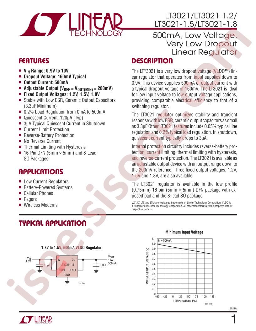 LT3021(-1.2, 1.5, 1.8) Datasheet