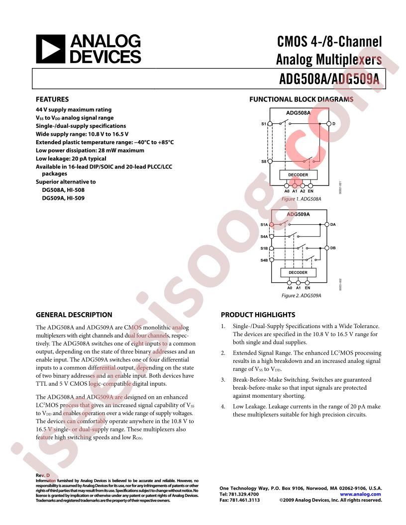 ADG508A, 509A Series Datasheet
