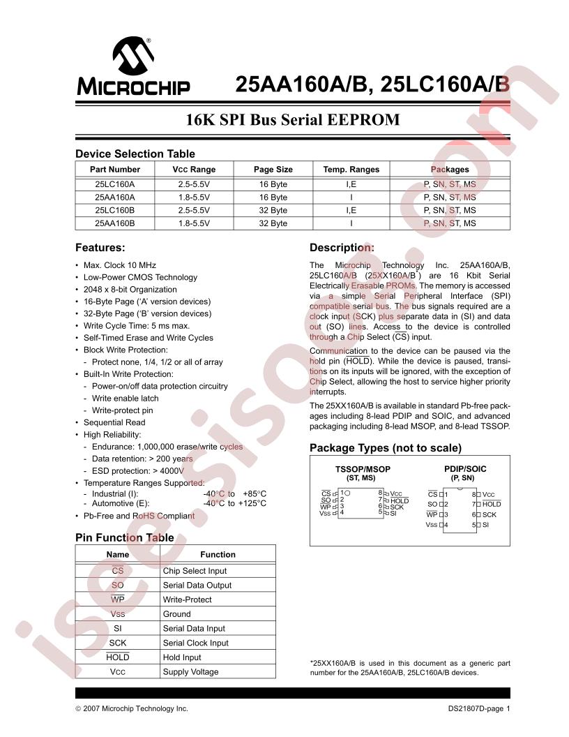 25AA160(A,B), 25LC160(A,B) Datasheet