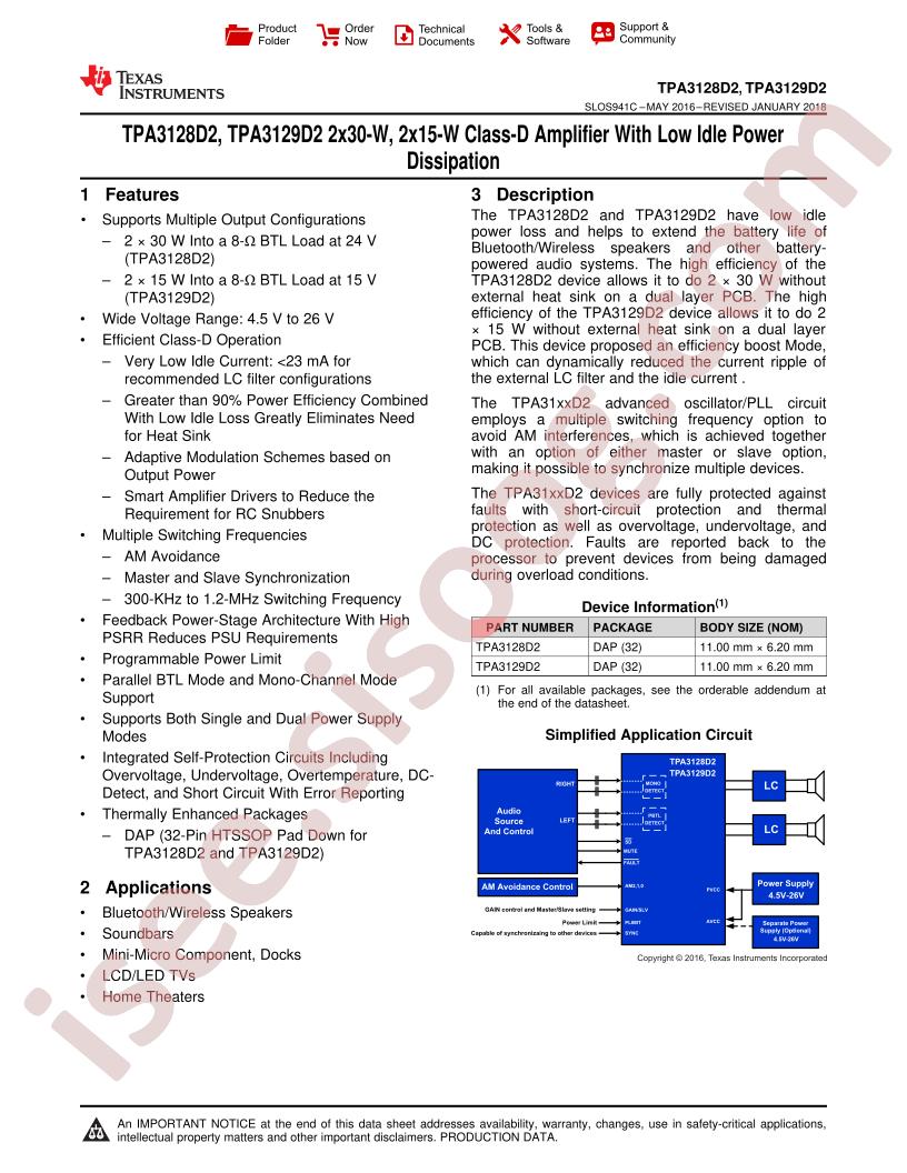 TPA3128D2, TPA3129D2 Datasheet