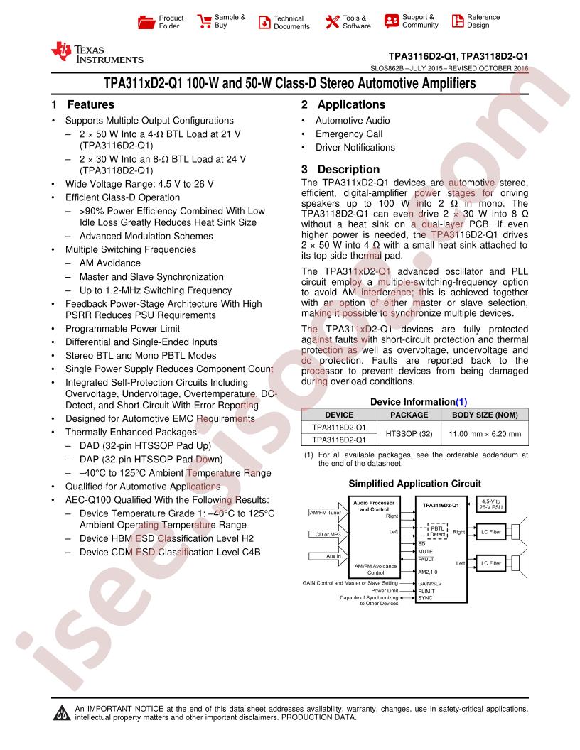 TPA3116D2-Q1, TPA3118D2-Q1 Datasheet