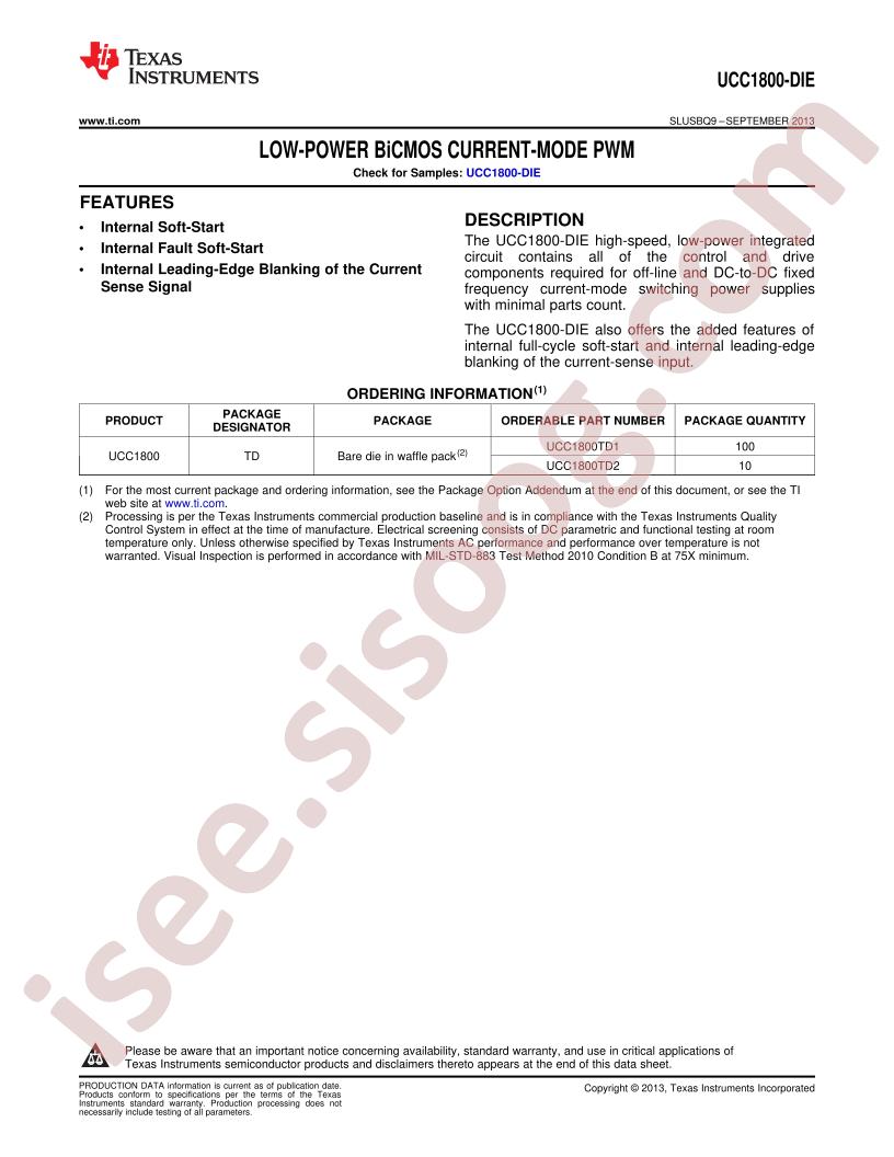 UCC1800-DIE Datasheet