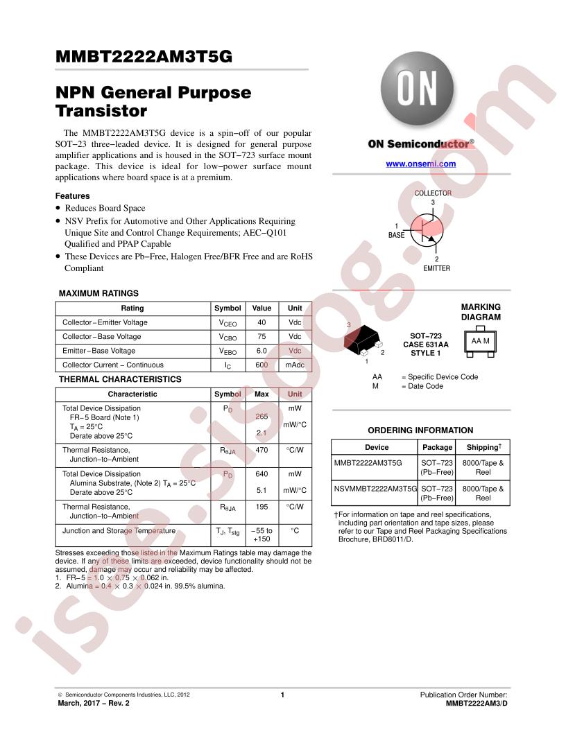 MMBT2222AM3T5G Datasheet