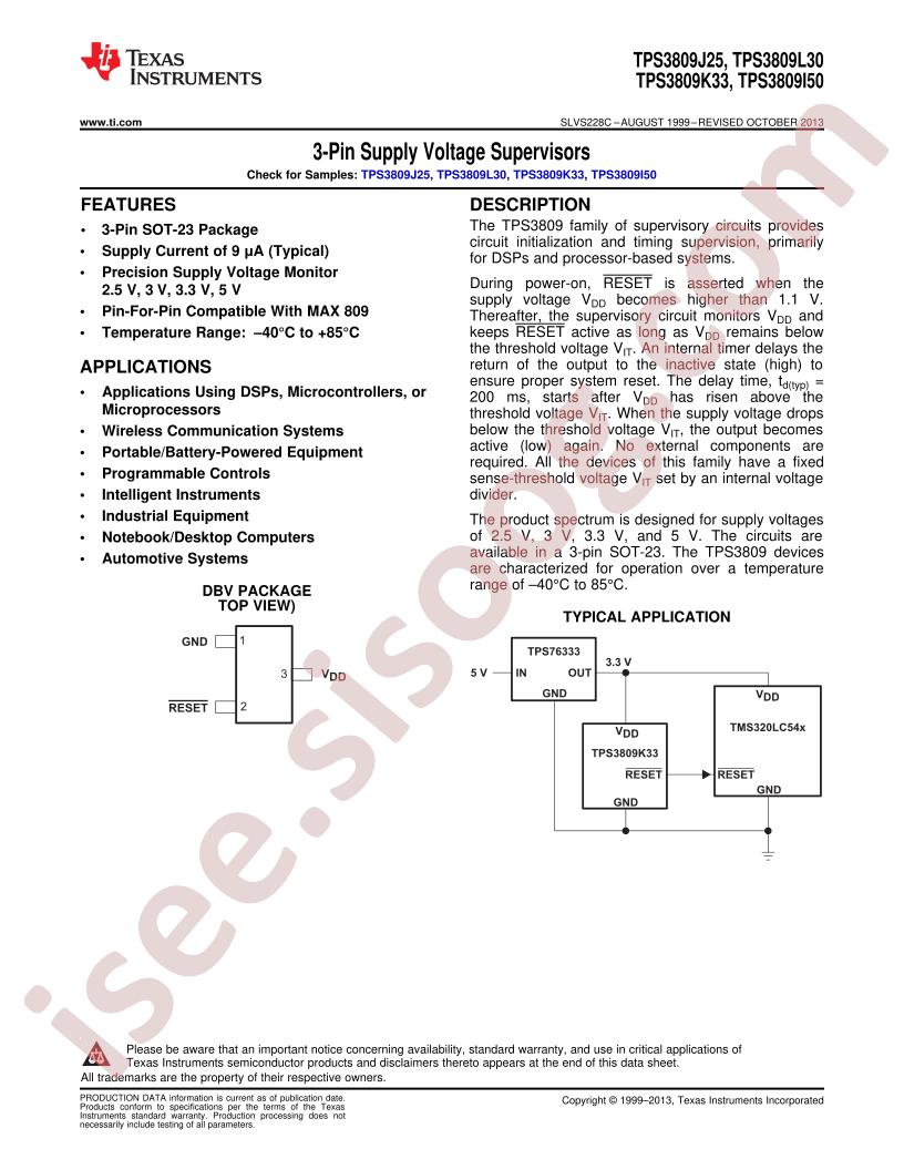 TPS3809J25/L30/K33/I50