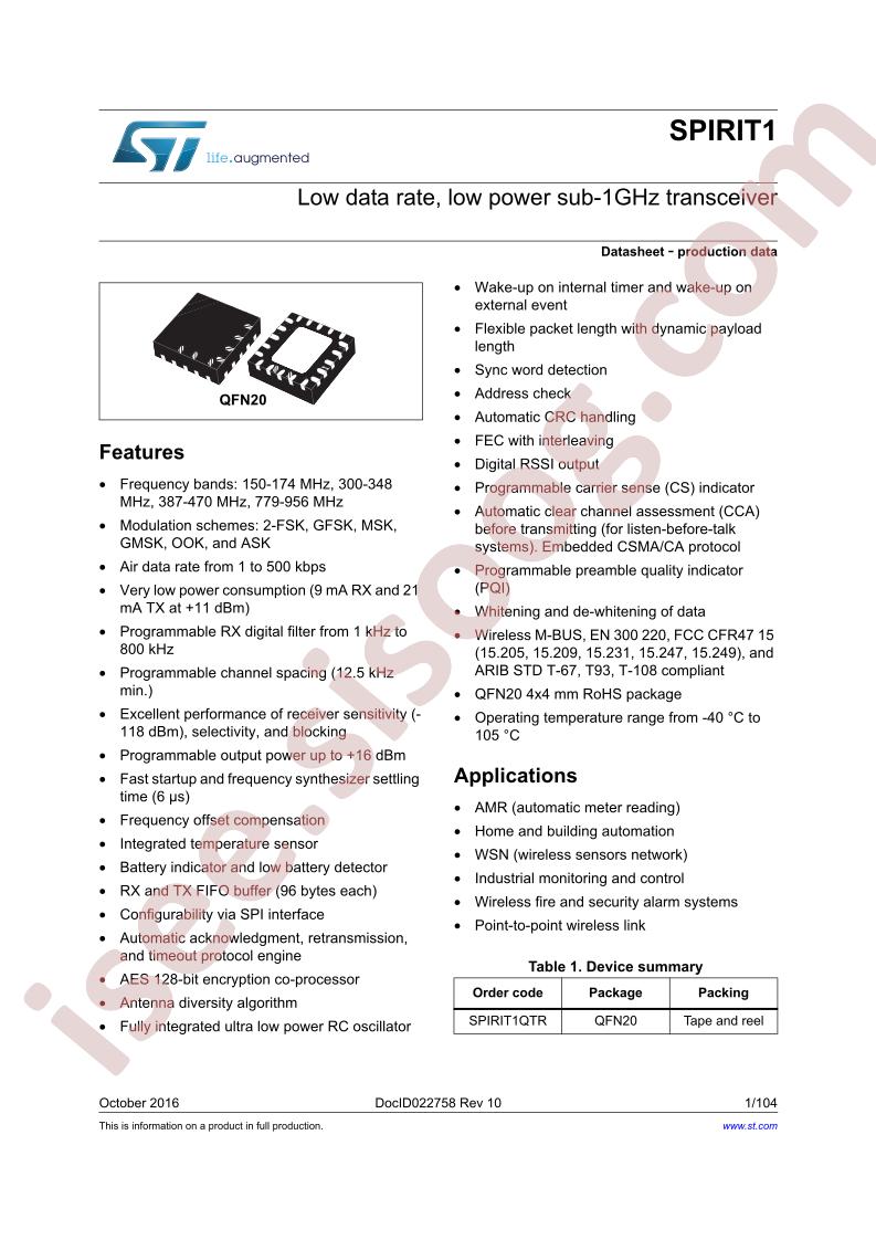 SPIRIT1 Datasheet