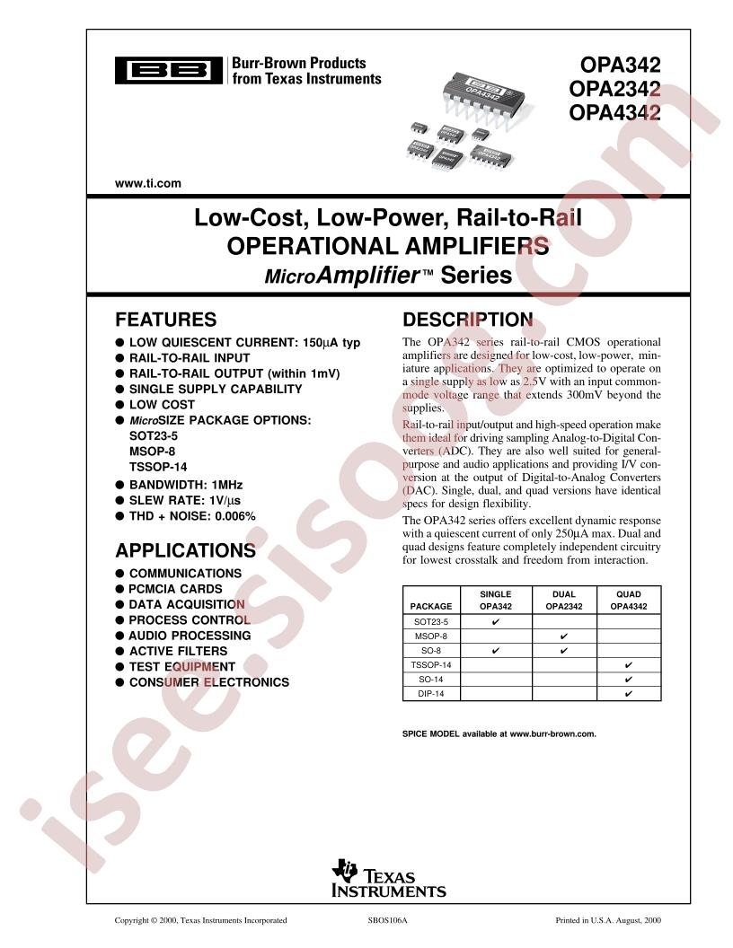 OPA342, 2342, 4342 Datasheet