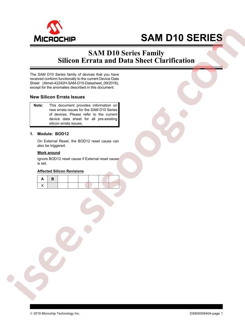 SAM D10 Series Errata