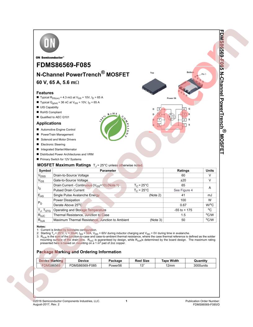 FDMS86569_F085 Datasheet