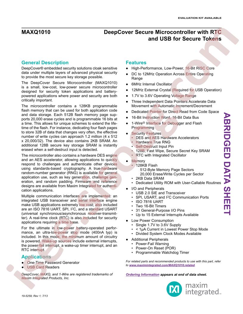 MAXQ1010 Abridged Datasheet