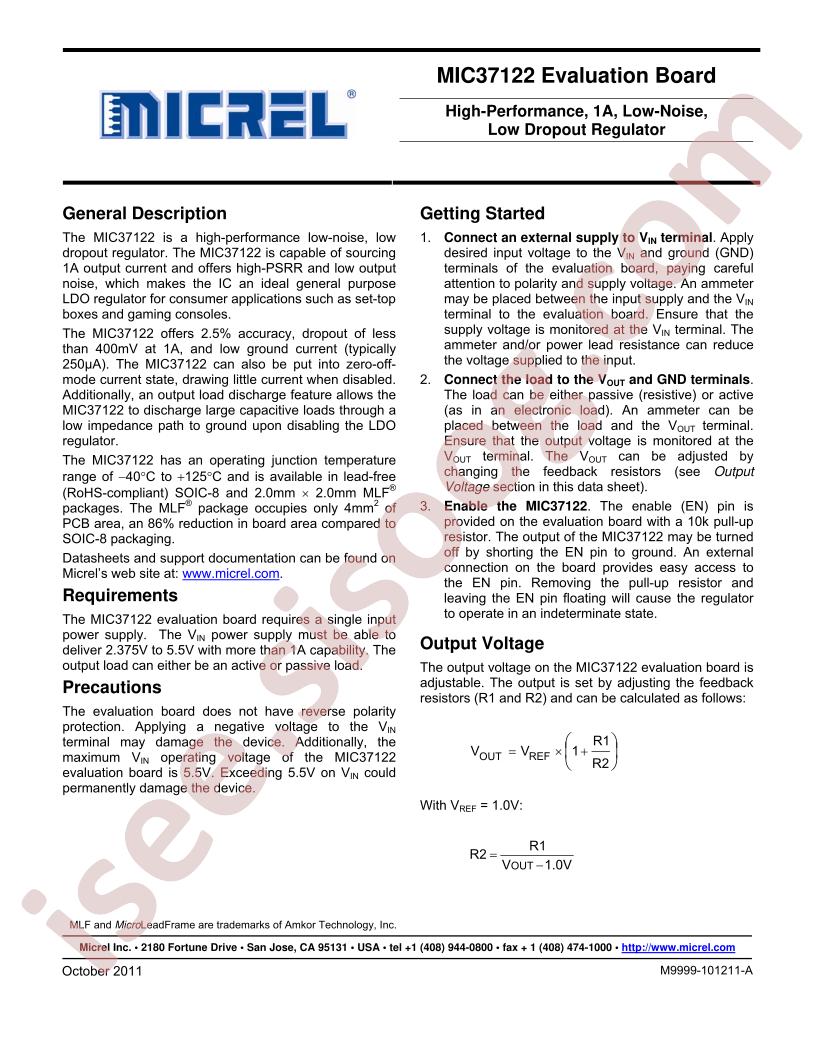 MIC37122 Eval Brd User Guide