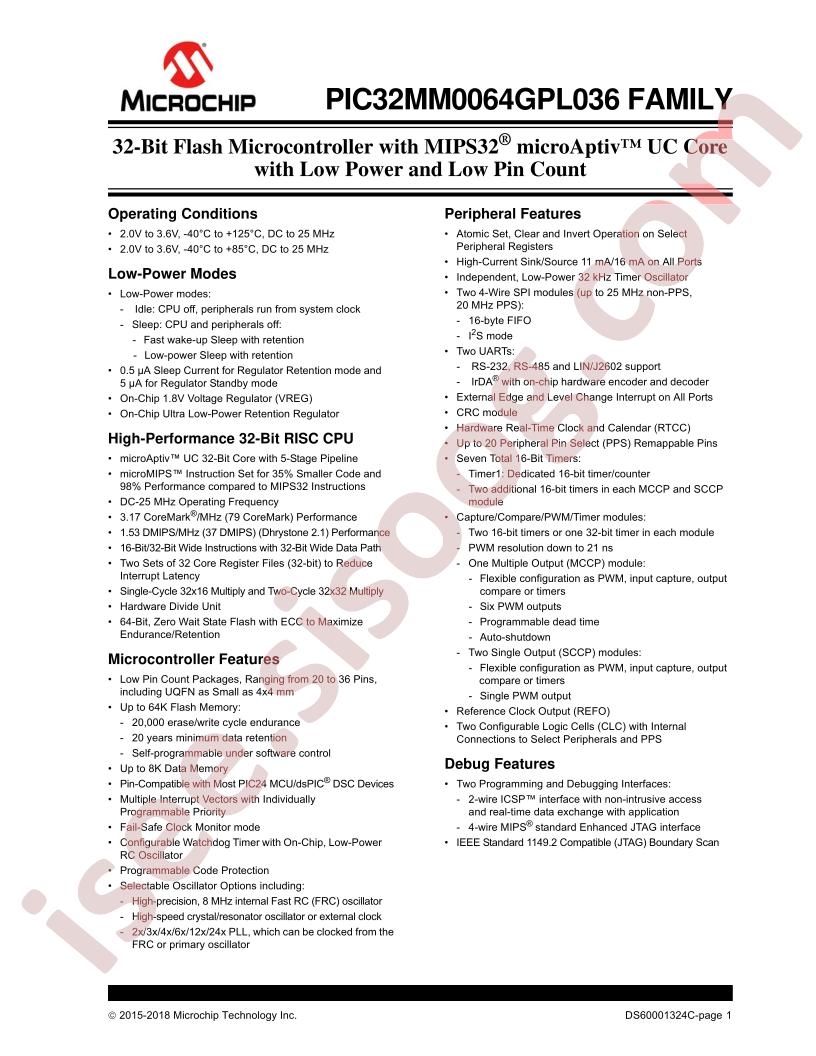 PIC32MM0064GPL036 Family Datasheet