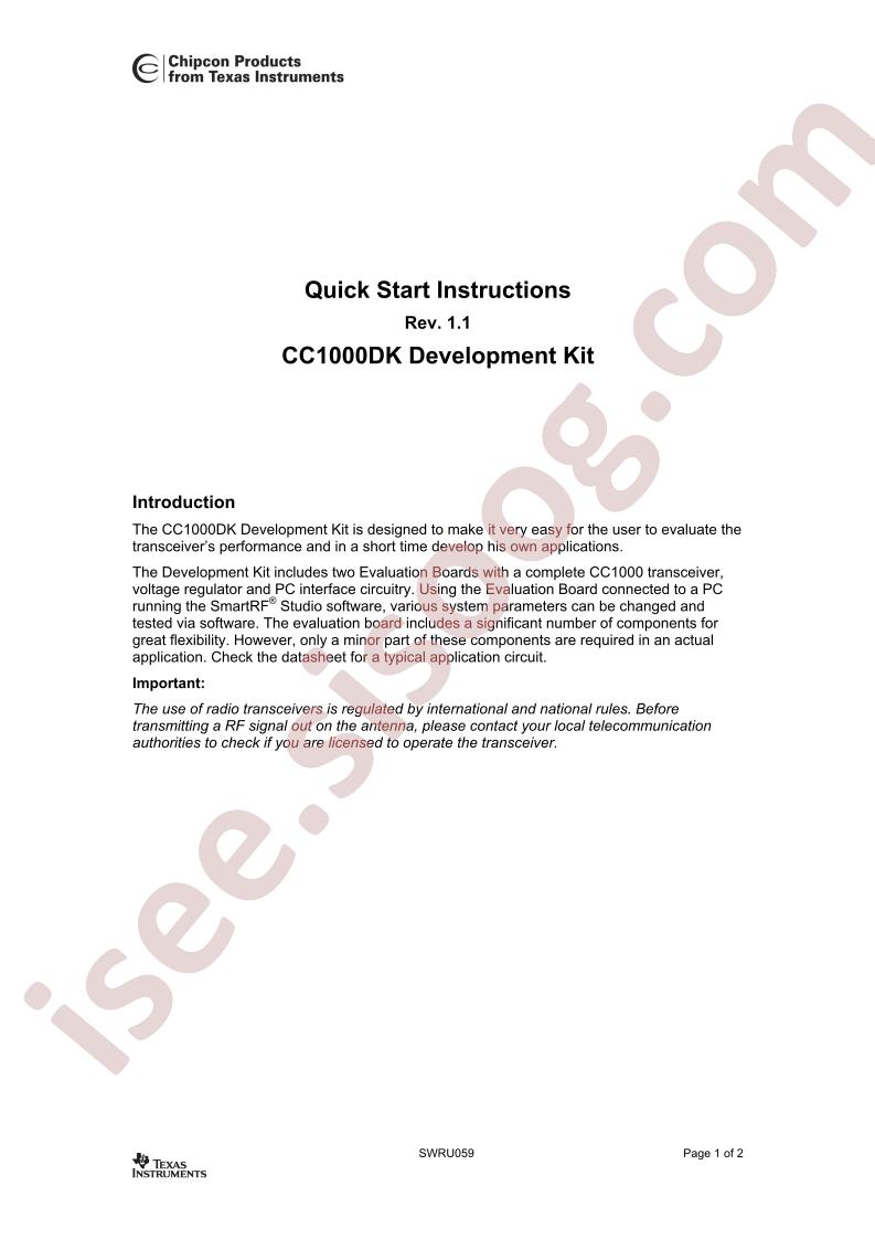 CC1000DK Dev Kit Quick Start