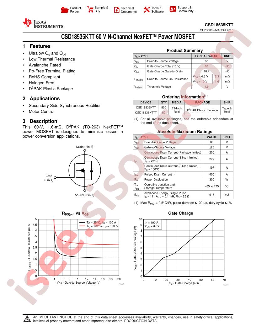 CSD18535KTT Datasheet