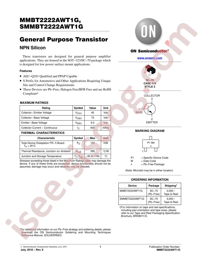 MMBT/SMMBT2222AWT1 Datasheet