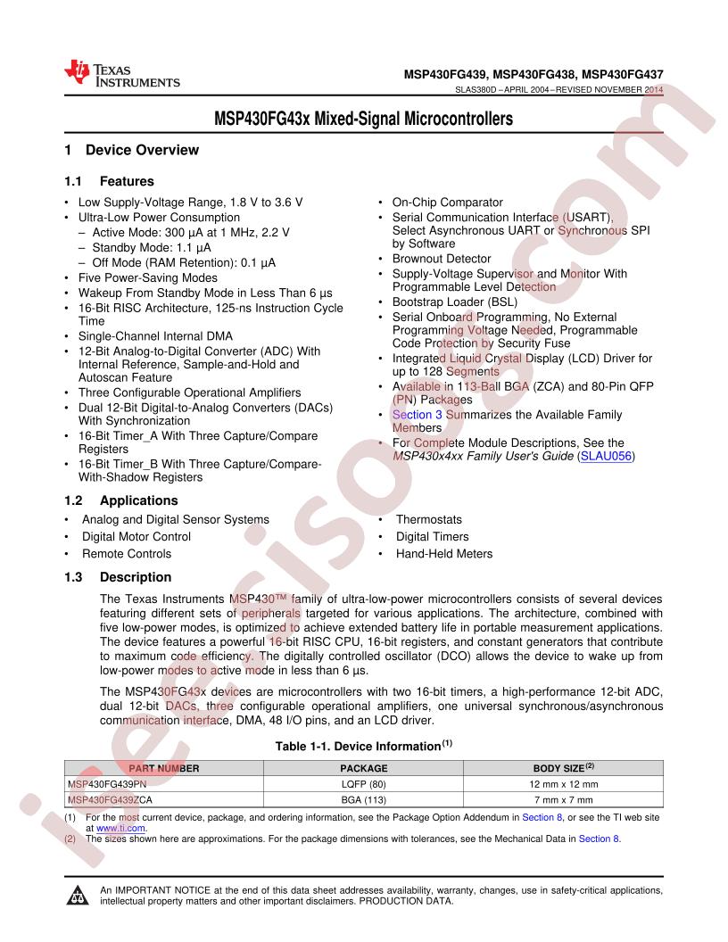 MSP430FG43x Datasheet