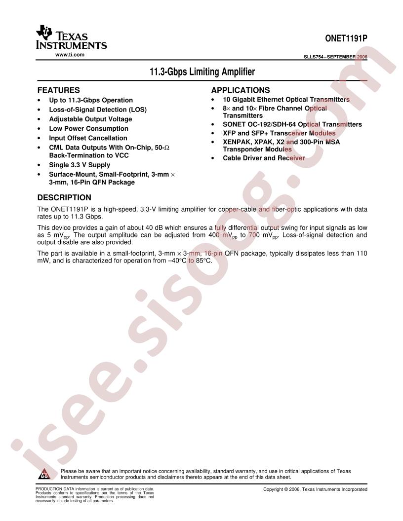 ONET1191P Datasheet