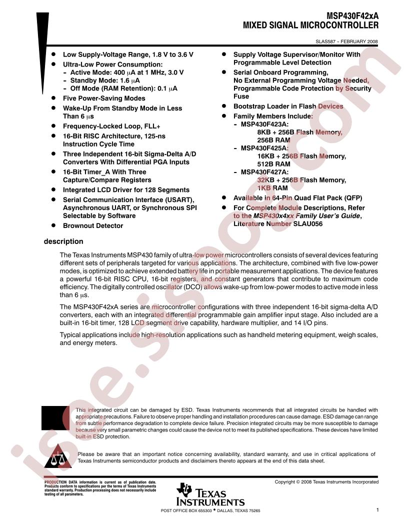 MSP430F42xA Datasheet