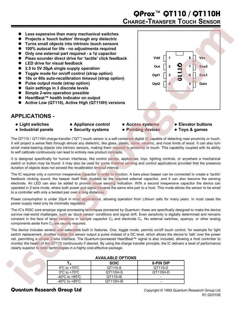 QT110/QT110H Charge-Transfer Touch Sensor