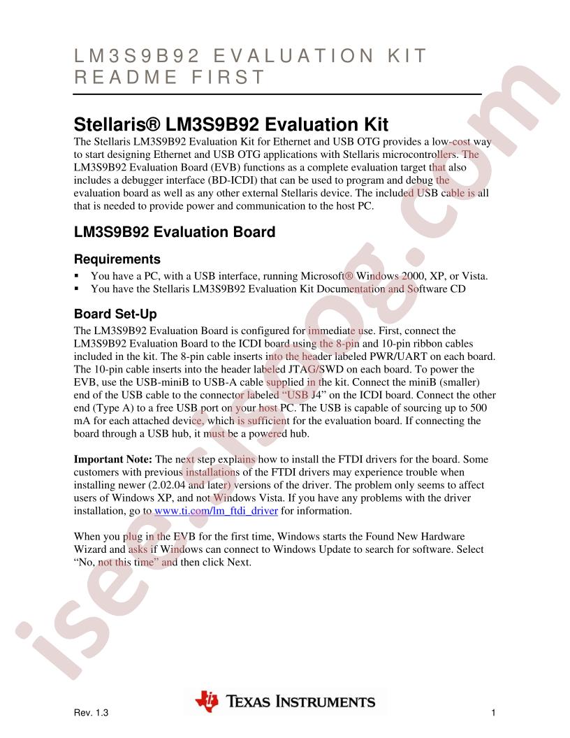 LM3S9B92 Eval Kit README First