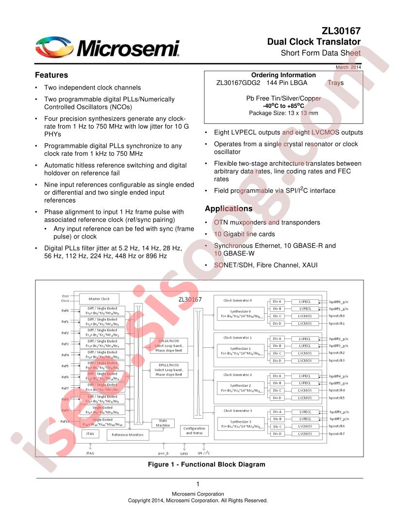 ZL30167 Short Form Datasheet