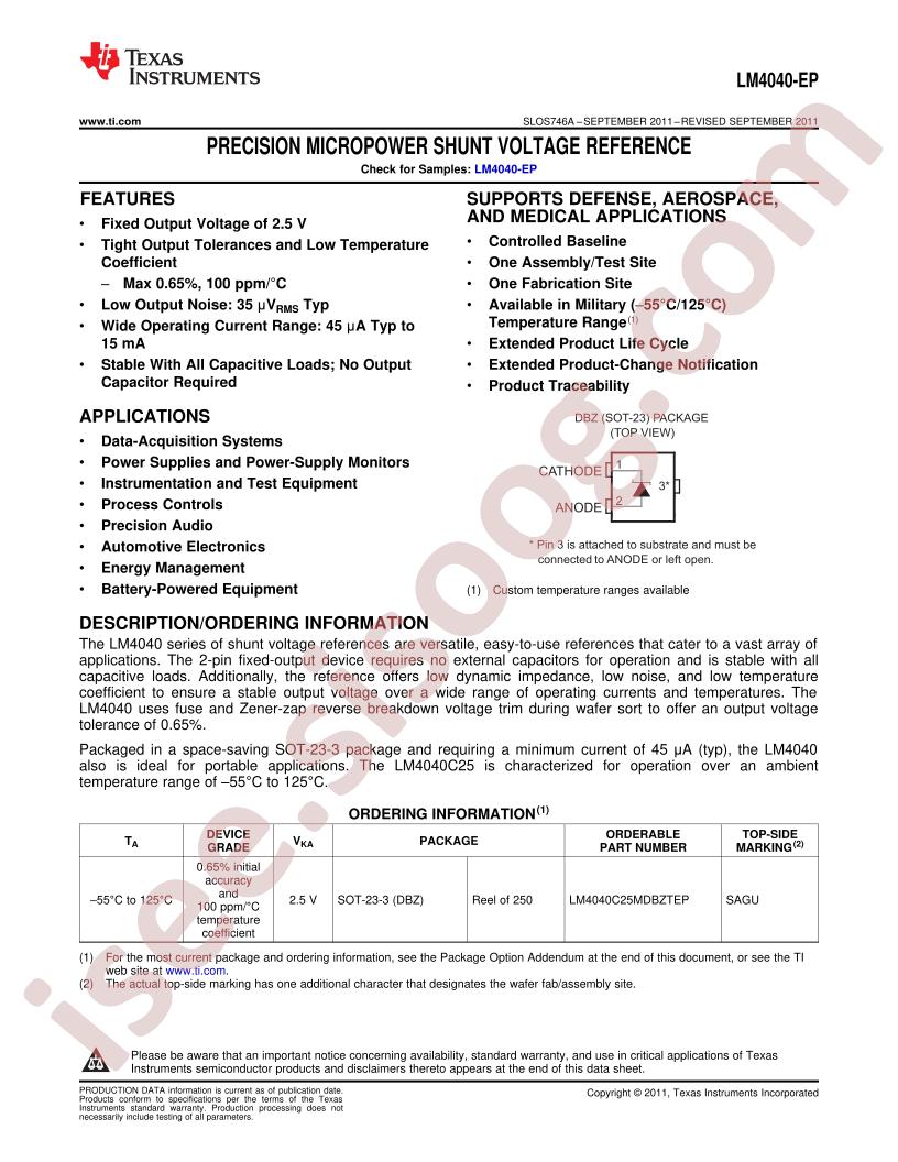 LM4040C25MDBZTEP, V62/11615-01XB Datasheet