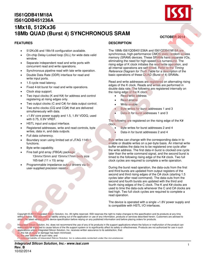 IS61QDB41M18A, IS61QDB451236A
