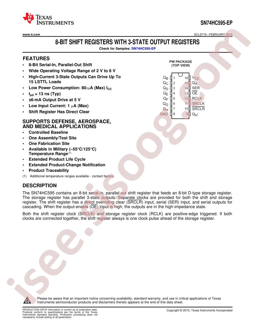 SN74HC595-EP Datasheet
