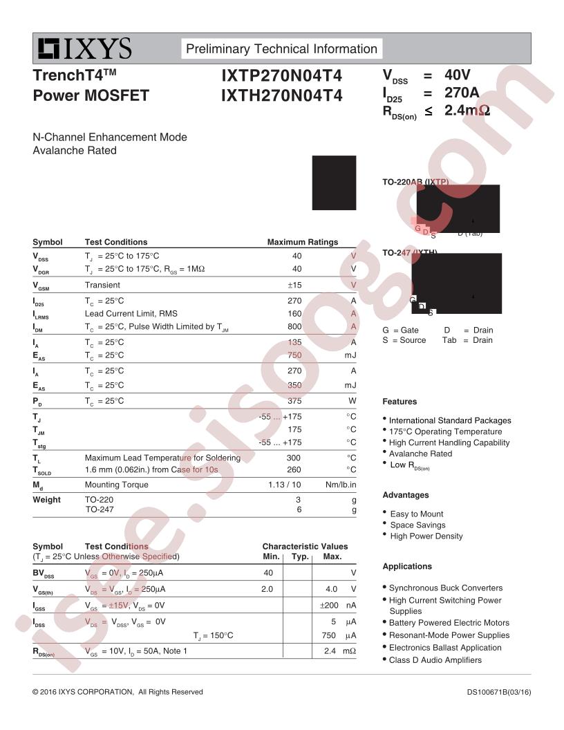 IXTP270N04T4, IXTH270N04T4