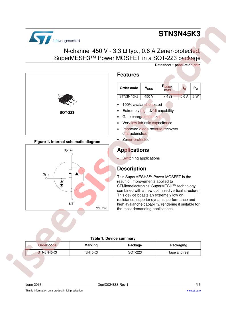STN3N45K3 Datasheet