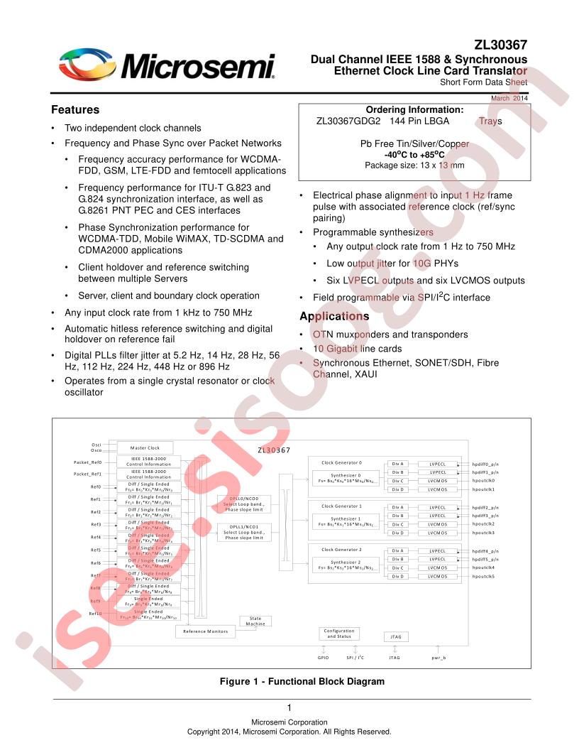 ZL30367 Short Form Datasheet