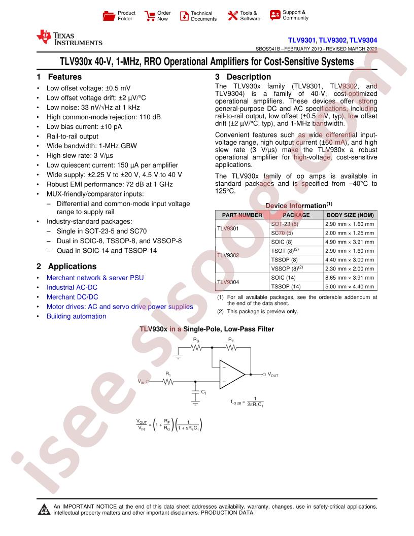 TLV9301, TLV9302, TLV9304 Datasheet