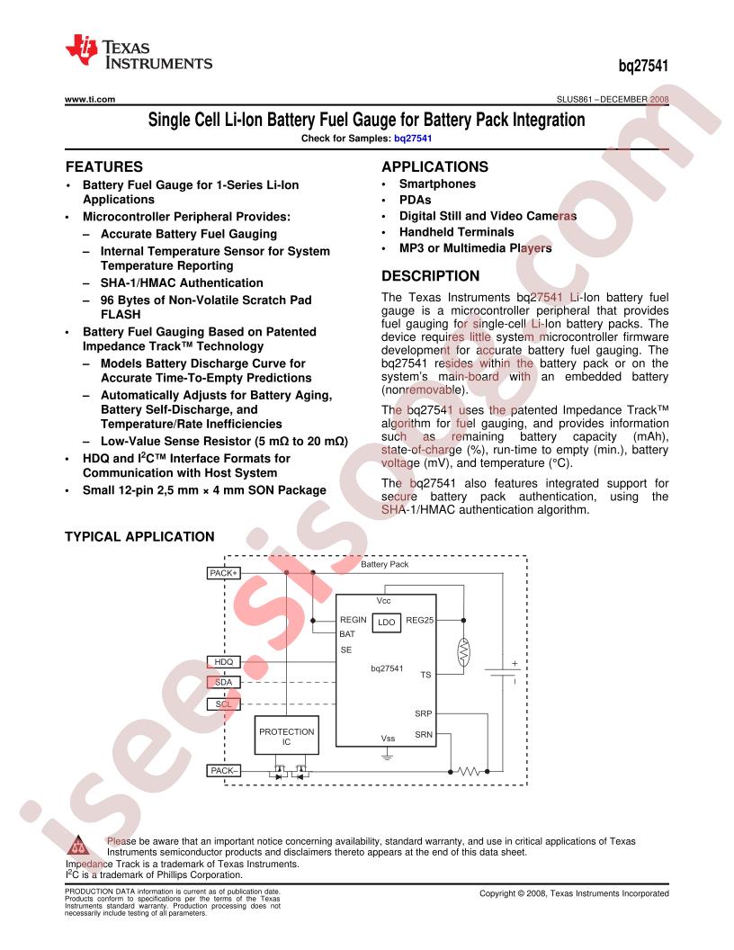 BQ27541 Datasheet