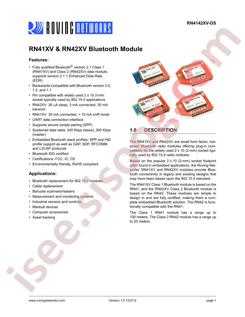 RN41XV & RN42XV Datasheet