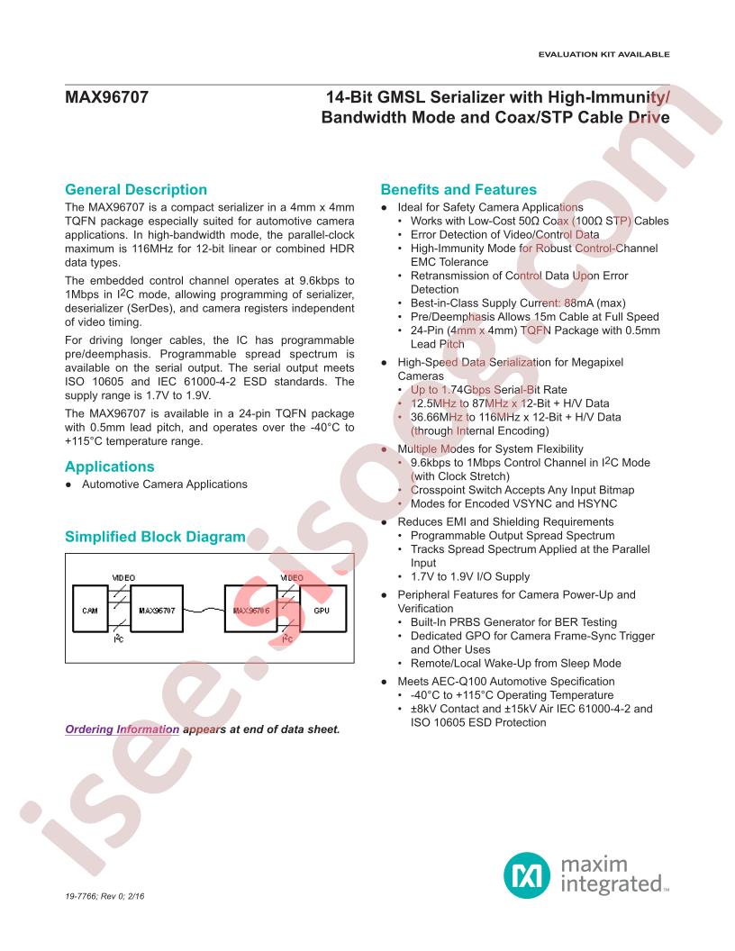 MAX96707 Datasheet