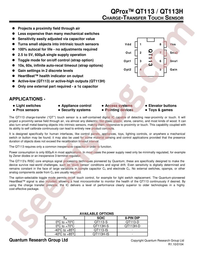 QT113/QT113H Charge-Transfer Touch Sensor