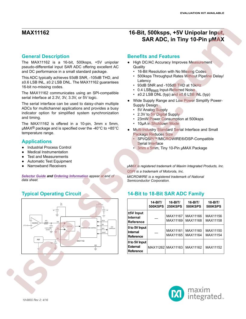 MAX11162 Datasheet