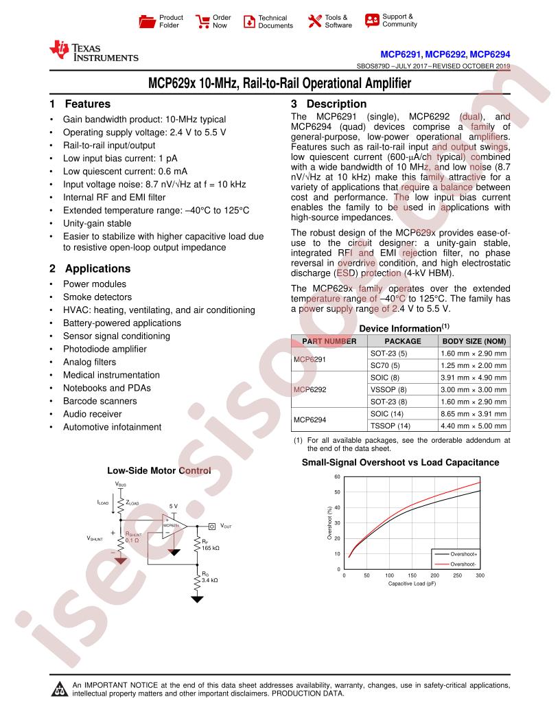 MCP6291, 92, 94 Datasheet