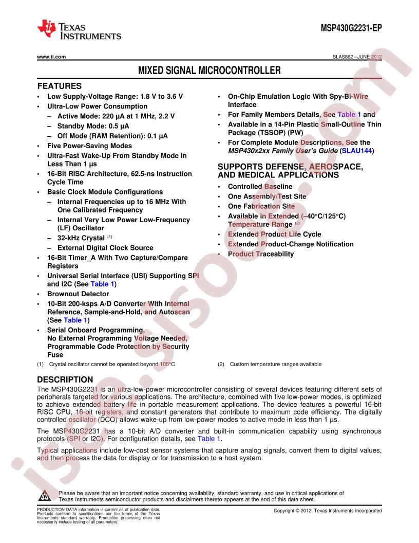 MSP430G2231-EP Datasheet