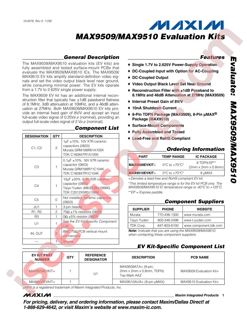 MAX9509-10 Evaluation Kits