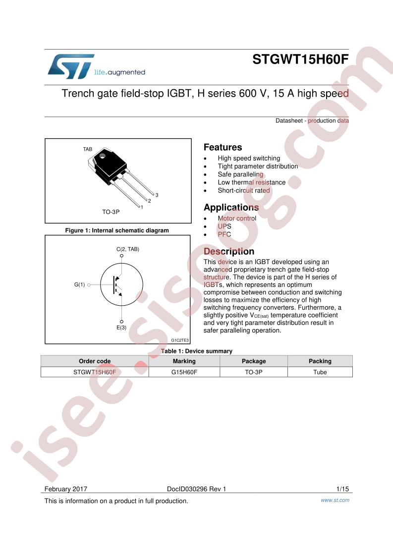 STGWT15H60F Datasheet