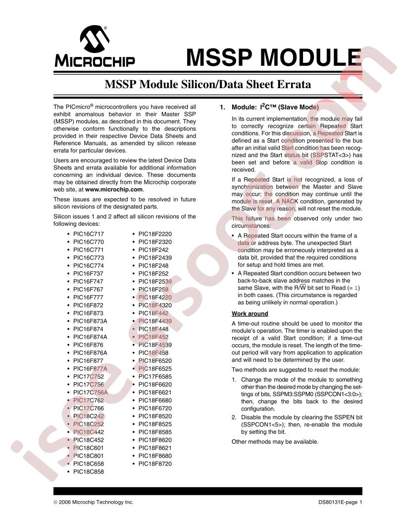 MSSP Module Silicon, Data Sheet Errata