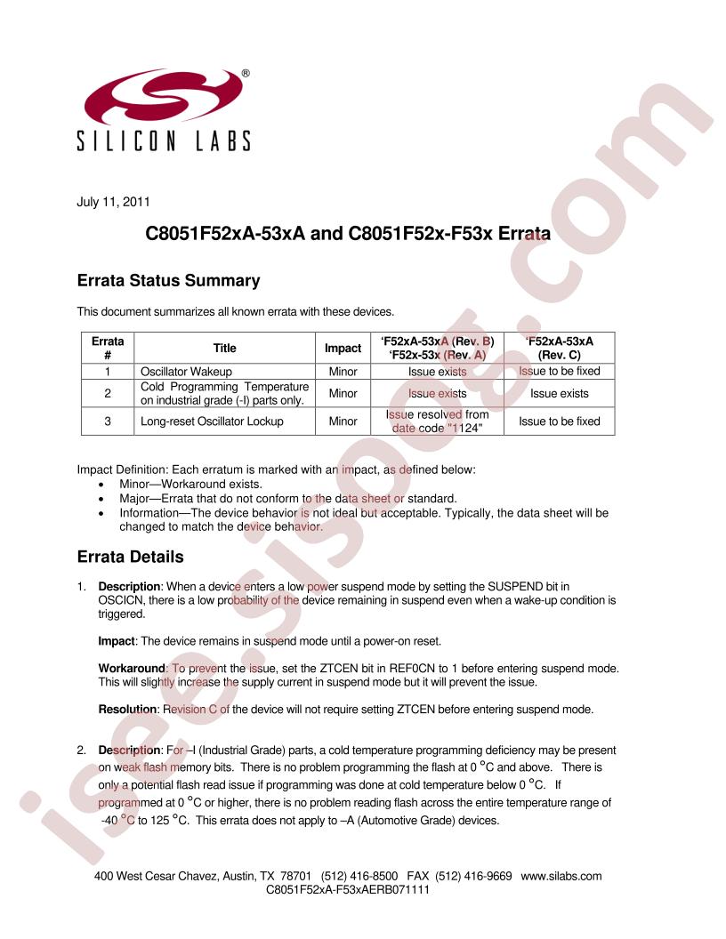 C8051F52x(A)-53x(A) Errata