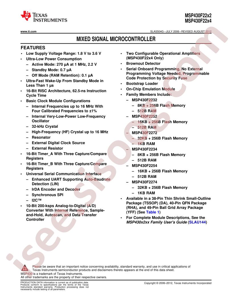 MSP430x22x2, x4 Datasheet